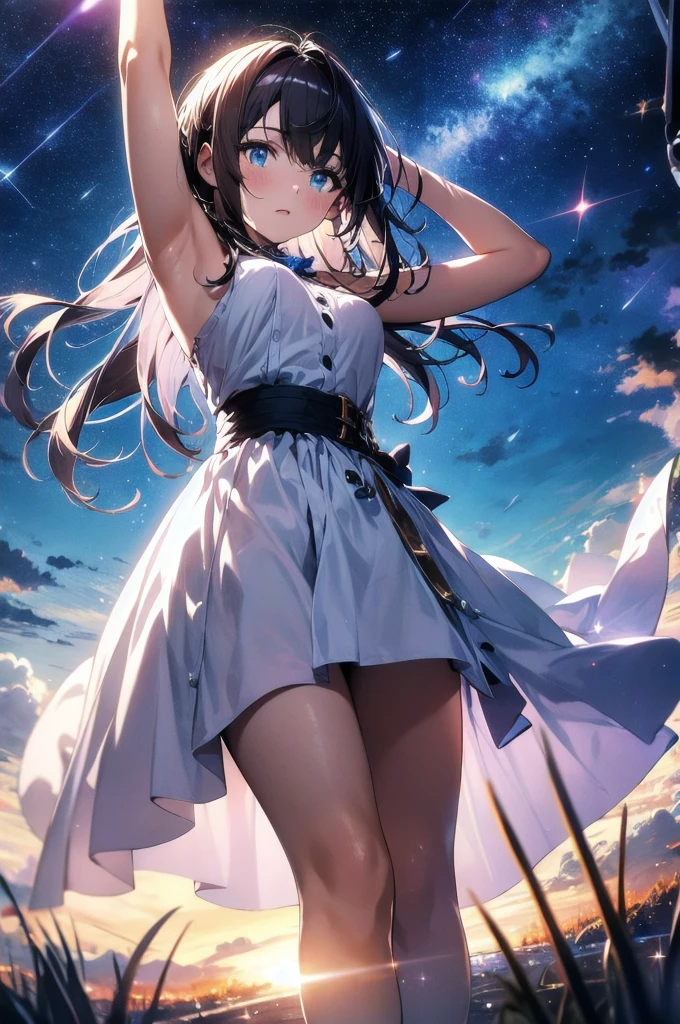 absurdres, highres, (official art, beautiful and aesthetic:1.2), close view, arm up from below
1girl, shining sky, vast world, gazing, awe-inspiring expression, distant horizon, clouds, high hill, natural beauty, inspiration, night sky, Shining Stars,
apstyle
