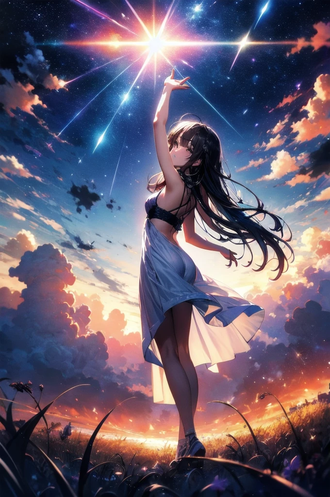 absurdres, highres, (official art, beautiful and aesthetic:1.2), close view, arm up from below
1girl, shining sky, vast world, gazing, awe-inspiring expression, distant horizon, clouds, high hill, natural beauty, inspiration, night sky, Shining Stars,
apstyle