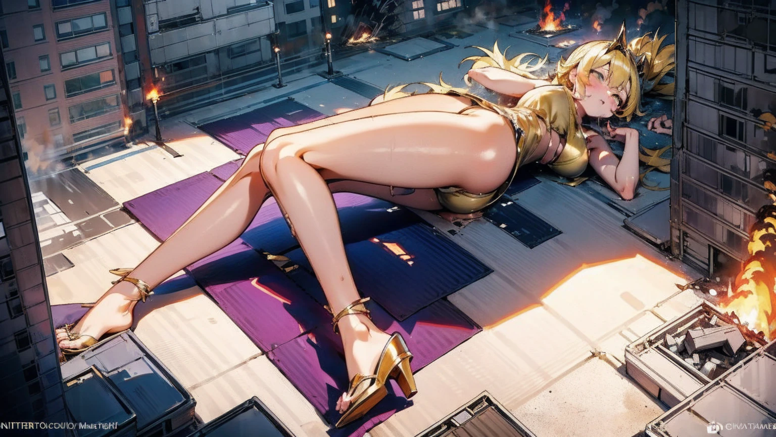 Giantess with firm , long sexy legs, yellow hair and in bikini is lying on the ground, while the city at her feet burns in flames for the destruction she has caused, while people run away from her, so as not to die crushed by her heels. Giantess, goddess, macrophilia, curvaceous body, hentai, fetish, sexy legs, bikini, high heels, high quality