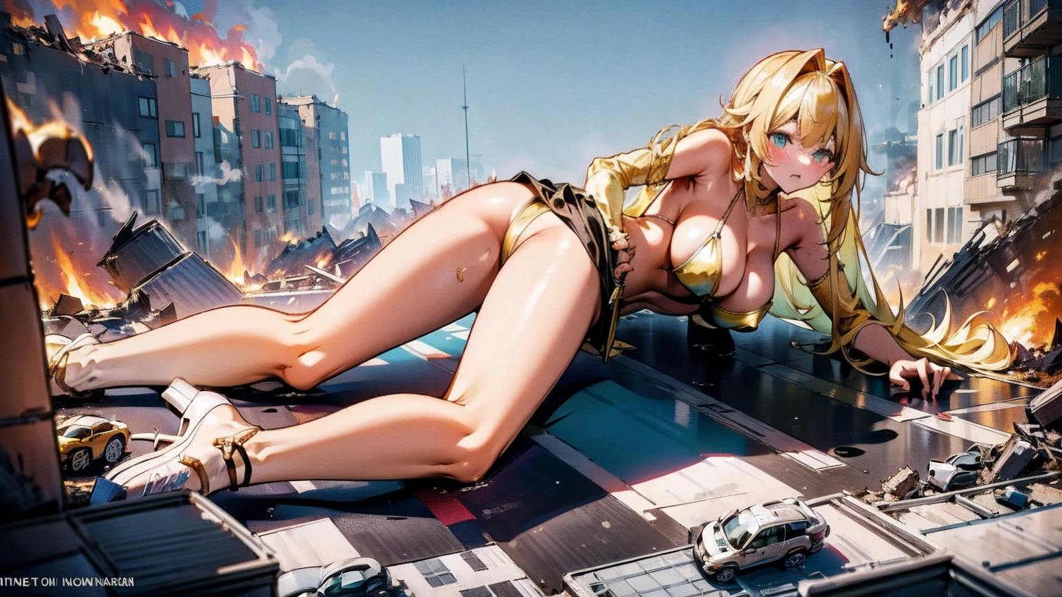 Giantess with firm , long sexy legs, yellow hair and in bikini is lying on the ground, while the city at her feet burns in flames for the destruction she has caused, while people run away from her, so as not to die crushed by her heels. Giantess, goddess, macrophilia, curvaceous body, hentai, fetish, sexy legs, bikini, high heels, high quality