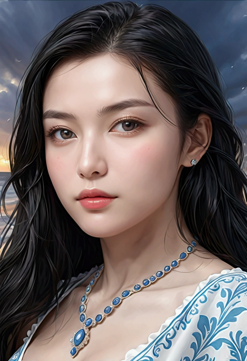((Masterpieces with up to 16K resolution:1.6)),Highest quality,it is really amazing,Very detailed,Ultra-high resolution,(Real:1.5),(Realistic:1.5),Increased depth of field,Cinematic Light,
Elegant mature woman,
Long black hair,(Exquisitely detailed face:1.5),Face with a gentle expression,Translucent white skin,Very sensitive skin,Great proportions,Anatomically correct body,
Sexy bikini swimwear,Artistic design,Beautiful and detailed pattern,Detailed fabric texture,Gorgeous necklace,
Coastal landscape at dusk,Dark clouds and dark sky,delay々Continuing sandy beach, Deserted Beach,Dark sea surface,
(Dramatic Angle:1.6),