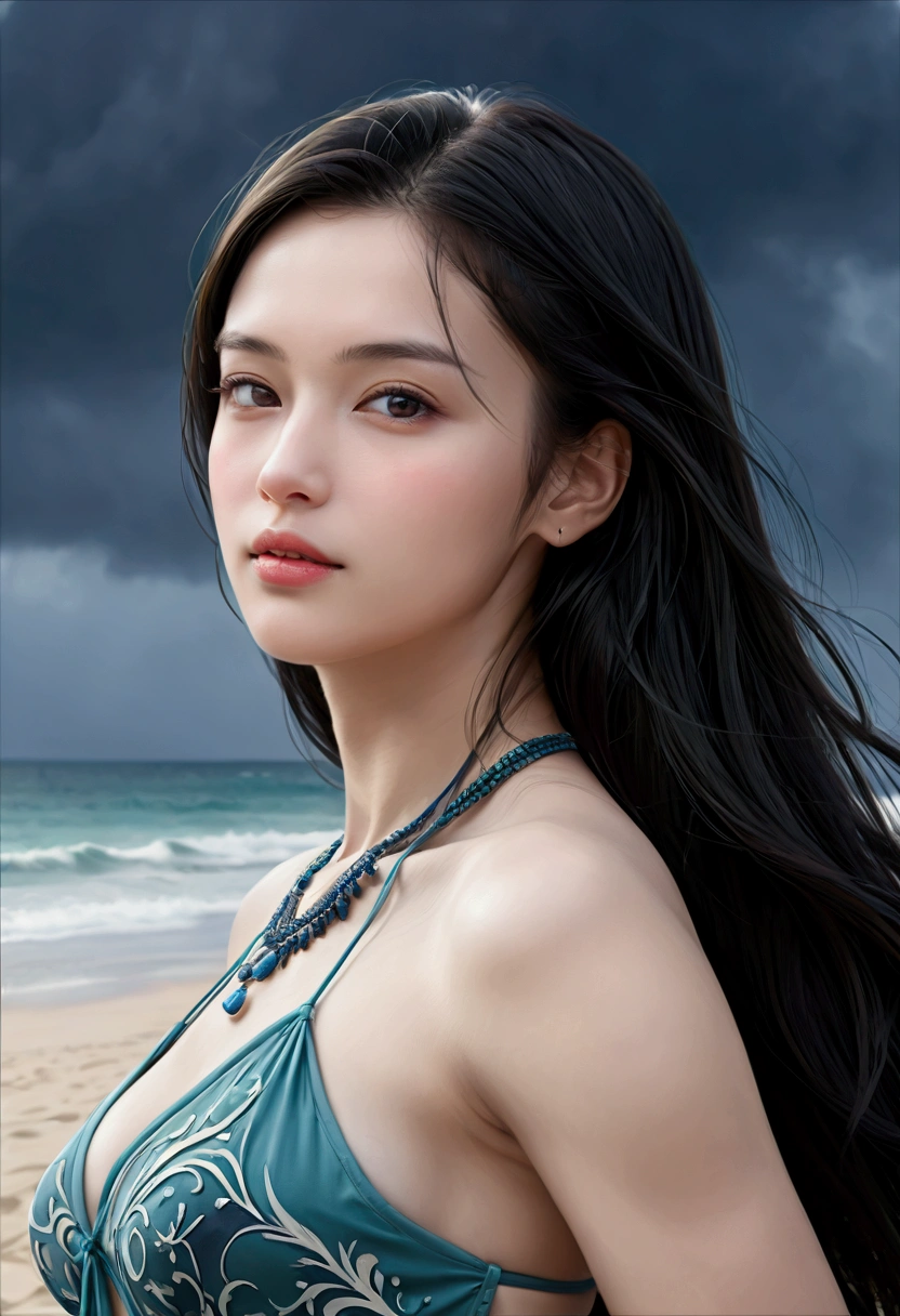((Masterpieces with up to 16K resolution:1.6)),Highest quality,it is really amazing,Very detailed,Ultra-high resolution,(Real:1.5),(Realistic:1.5),Increased depth of field,Cinematic Light,
Elegant mature woman,
Long black hair,(Exquisitely detailed face:1.5),Face with a gentle expression,Translucent white skin,Very sensitive skin,Great proportions,Anatomically correct body,
Sexy bikini swimwear,Artistic design,Beautiful and detailed pattern,Detailed fabric texture,Gorgeous necklace,
Coastal landscape at dusk,Dark clouds and dark sky,delay々Continuing sandy beach, Deserted Beach,Dark sea surface,
(Dramatic Angle:1.6),