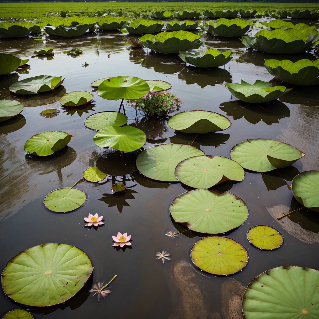 An mud a lotus with leaf and water around lotus . In sky fly swan and birds . trees and grass side on ocean 