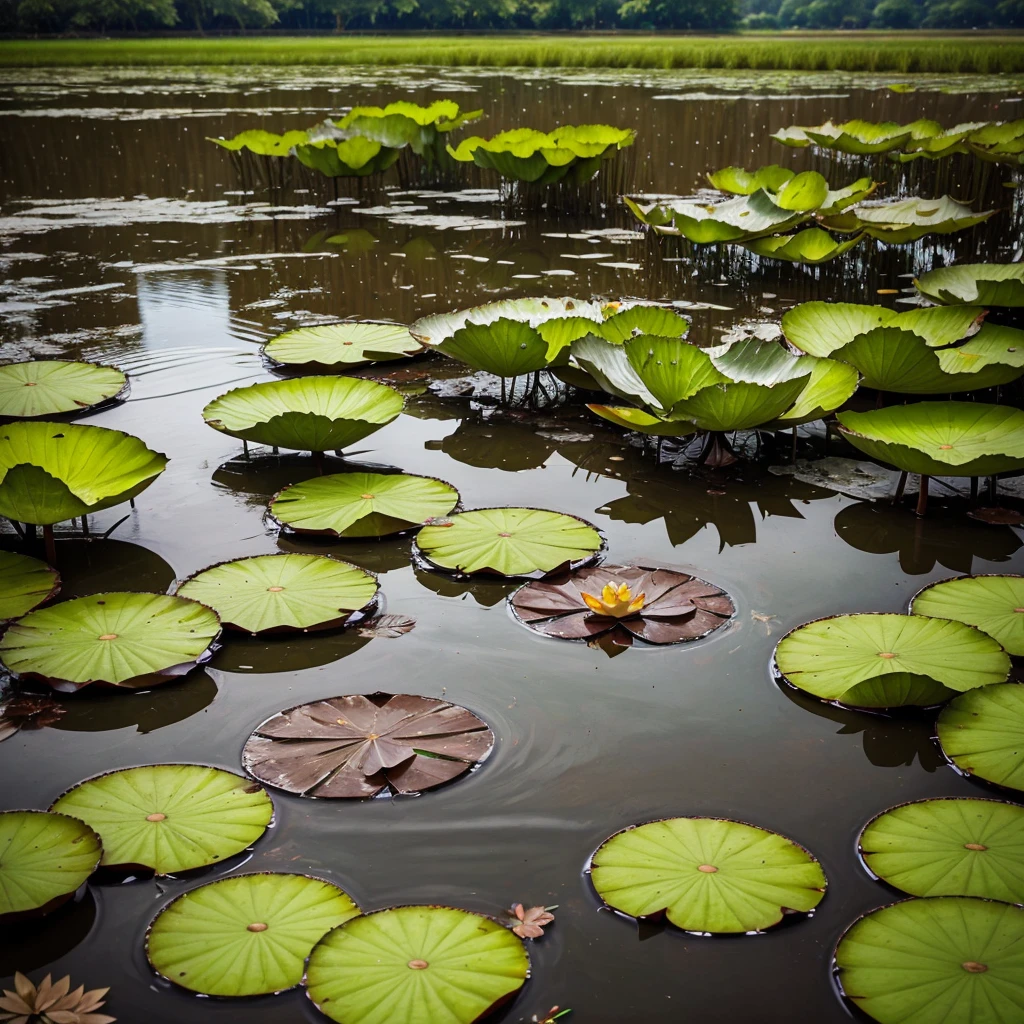 An mud a lotus with leaf and water around lotus . In sky fly swan and birds . trees and grass side on ocean 