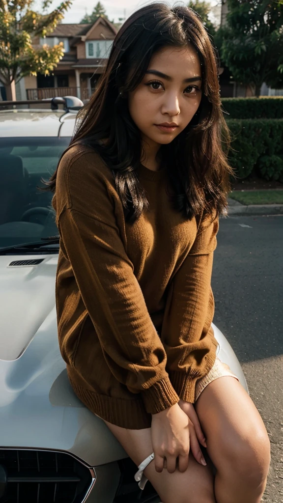 Girl sitting on car driving, view from front windshield, beautiful, asian eyes, arafed face, wearing brown sweater,