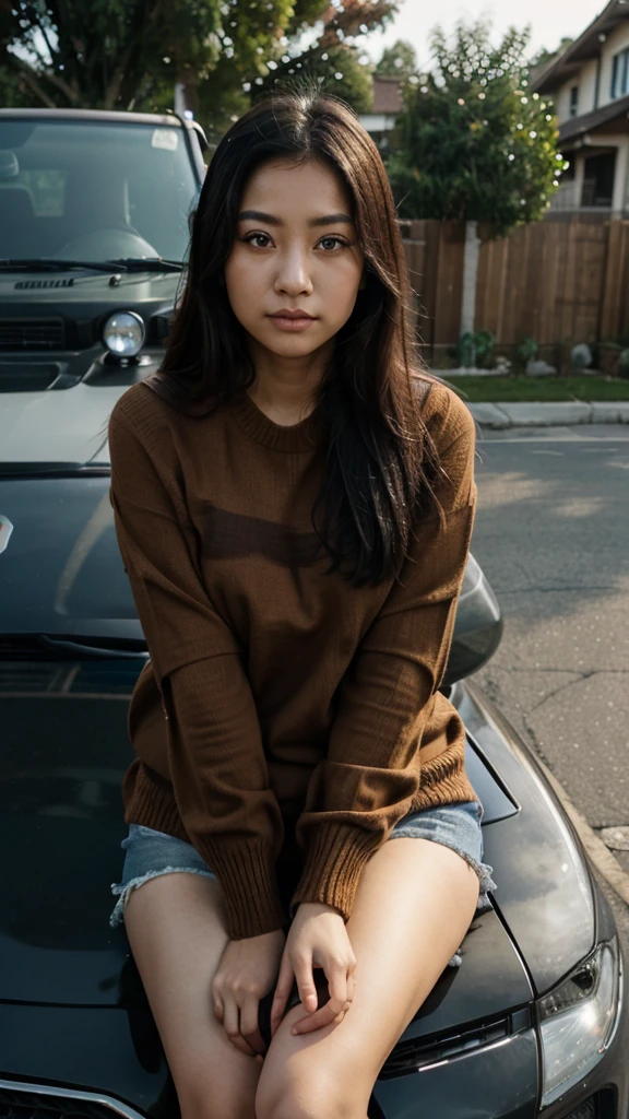 Girl sitting on car driving, view from front windshield, beautiful, asian eyes, arafed face, wearing brown sweater,