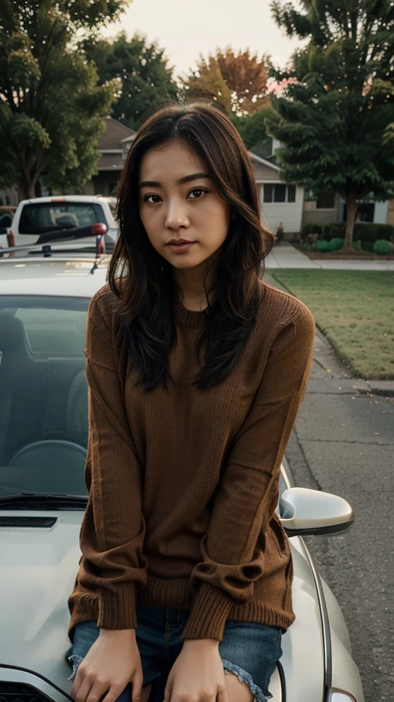 Girl sitting on car driving, view from front windshield, beautiful, asian eyes, arafed face, wearing brown sweater,