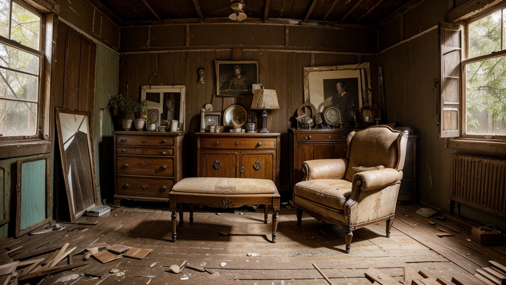 abandon house , filled with antique furniture and dusty old photographs