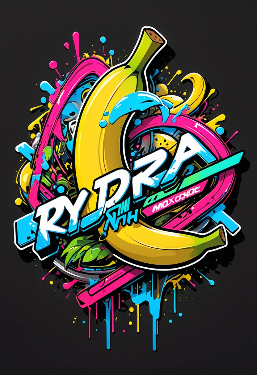 Create a sticker illustration of a banana inspired by the video game Cyberpunk 2077 with a 2D graffiti effect. The sticker should have no background, with only the banana shape and a prominent white outline around the edges. The peel of the banana should not be yellow but instead be replaced by the following Cyberpunk 2077 elements, all depicted in a graffiti style:
- A deep matte black base for the peel, symbolizing the dark streets of Night City.
- Blue neon circuit lines running across the banana’s surface, resembling cybernetic implants, with a spray-paint texture.
- The "Samurai" logo near the tip of the banana, designed in a graffiti font and style.
- Stickers of in-game brands like Arasaka and Militech, and gang symbols like "The Moxes", all depicted with a street art aesthetic.
- Modernized tribal tattoo motifs and hacking icons in red and green neon, rendered with a graffiti effect.
- Sections with light effects mimicking the neon lights of Night City, with a pulsating spray-paint effect around the circuits.
- A small, metallic chrome-plated label near the base with the inscription "Cyber Choice" in a graffiti font.
Ensure the design is vibrant, edgy, and high-tech, with the stylized interior capturing the futuristic and dystopian ambiance of Cyberpunk 2077, all within the iconic shape of a banana.