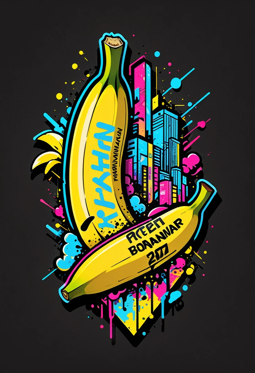 Create a sticker illustration of a banana inspired by the video game Cyberpunk 2077 with a 2D graffiti effect. The sticker should have no background, with only the banana shape and a prominent white outline around the edges. The peel of the banana should not be yellow but instead be replaced by the following Cyberpunk 2077 elements, all depicted in a graffiti style:
- A deep matte black base for the peel, symbolizing the dark streets of Night City.
- Blue neon circuit lines running across the banana’s surface, resembling cybernetic implants, with a spray-paint texture.
- The "Samurai" logo near the tip of the banana, designed in a graffiti font and style.
- Stickers of in-game brands like Arasaka and Militech, and gang symbols like "The Moxes", all depicted with a street art aesthetic.
- Modernized tribal tattoo motifs and hacking icons in red and green neon, rendered with a graffiti effect.
- Sections with light effects mimicking the neon lights of Night City, with a pulsating spray-paint effect around the circuits.
- A small, metallic chrome-plated label near the base with the inscription "Cyber Choice" in a graffiti font.
Ensure the design is vibrant, edgy, and high-tech, with the stylized interior capturing the futuristic and dystopian ambiance of Cyberpunk 2077, all within the iconic shape of a banana.
