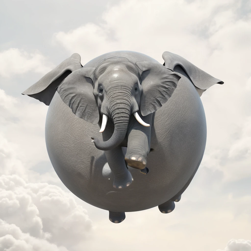 round animal, cg render, fat elefant shaped sphere, (((textured grey elephant skin))), flying in the sky  