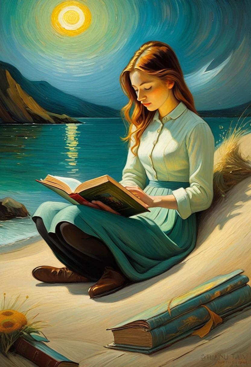 a woman reading book on prone possition, fantasy surrealism, oil painting, impressionism, mix the styles of Van Gogh and Shaun Tan