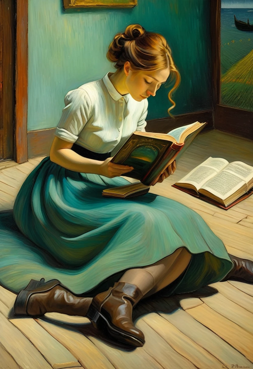 a woman reading book on prone possition, fantasy surrealism, oil painting, impressionism, mix the styles of Van Gogh and Shaun Tan
