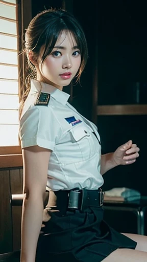 An innocent 24-year-old girl、((Japanese Police Officer, Sexy police uniform, skirt, Cute and elegant, Dramatic Pose)),smile,Night city background,shortcut、RAW Photos, (8K、Highest quality、masterpiece:1.2)、(Intricate details:1.4)、(Photorealistic:1.4)、Octane Rendering、Complex 3D rendering with ultra-detail, Studio Soft Light, Rim Light, Vivid details, Super Detail, Realistic skin texture, Detailed aspect, Beautiful details in the eyes, Highly detailed CG Unity 16k wallpaper, compensate,(Japanese Police Officer, Sexy police uniform)、 (Detailed Background:1.2), Glowing Skin, whole body,Put your hands down、Spread your legs and show me your panties,Sit on a bench