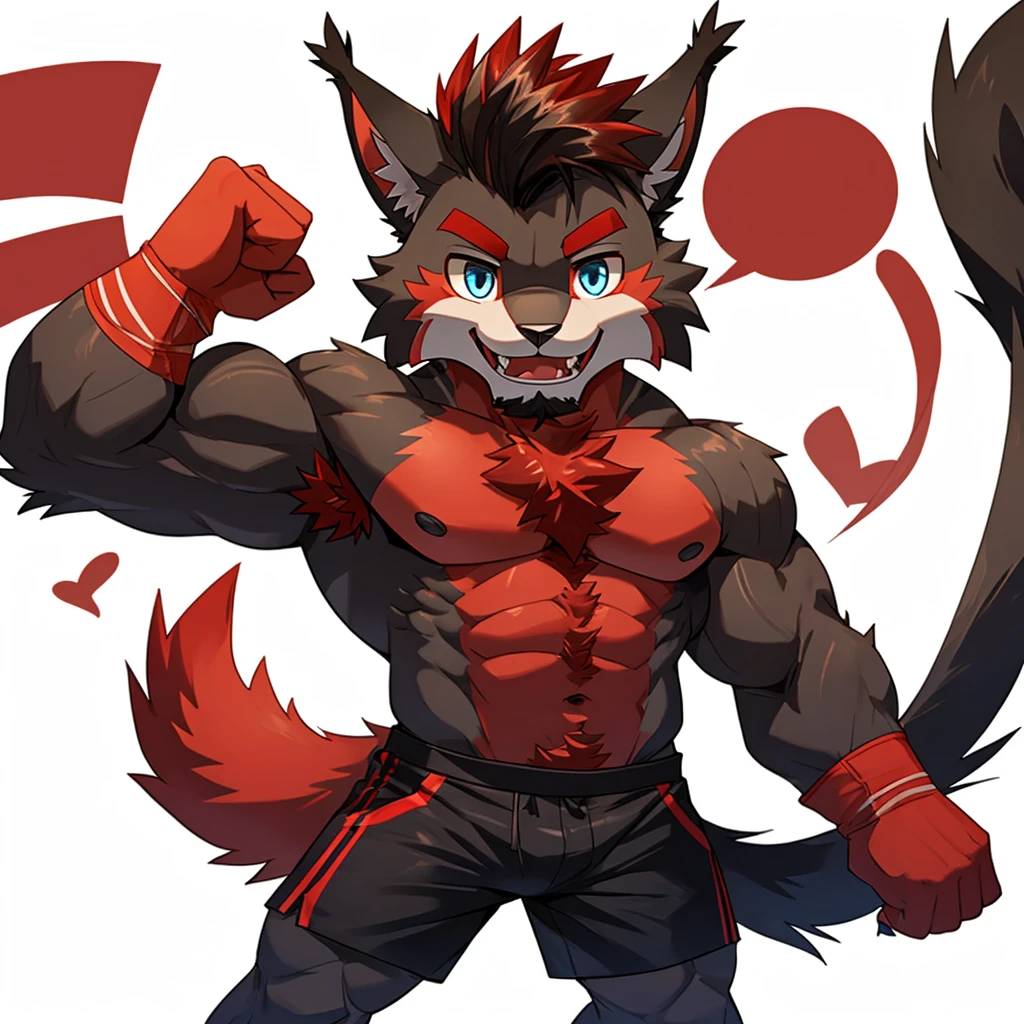 ((Furry lynx cat)), ((chibi)), (body fully covered in black fur), (fully covered in black fur), (black fur), sharp fangs, sharp teeth, summer shorts outfit, cute, blue eyes, red chest hair, red eyebrows, red armpit hair, long black hair, black mane, black nose, black tail, black tail with red tip, red whiskers, happy, smile, correct Anatomy, correct hand, ((white background)), (Acting happy), (hands up), enjoy, ((front view)), full body, sexy, (flexing), (muscle), black tail, black tail red tail tip, red eyebrows, red chest hair, red armpit hair