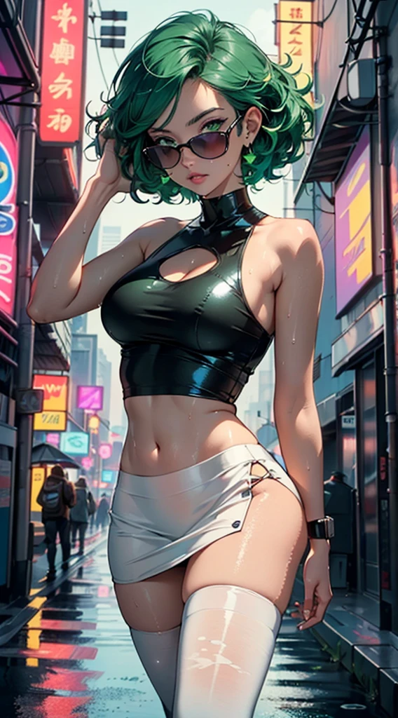 girl youtuber,(((1girl))),((extremely cute and beautiful green curly-haired girl)),
(short breasts:1.4),(((green curly hair:1.35,very curly hair,colored inner hair,ear breathing,short hair))),(((green eyes:1.3))),intricate eyes,beautiful detailed eyes,symmetrical eyes,((fat)),(((lustrous skin:1.5,bright skin: 1.5,skin tanned,shiny skin,very shiny skin,shiny body,plastic glitter skin,exaggerated shiny skin,illuminated skin,wet legs))),delicate detailed fingers,detailed body,human hands,(detailed face),
cute,slutty,seductive,erotic,(((nsfw))),
zettai ryouiki,revealing clothing,show skin,((rave mini-skirt,visible thong straps,white loose tank top with an pop art print)),((wet clothes,intricate outfit,intricate clothes)),
(dynamic pose:1.0),embarrassed,(centered,scale to fit dimensions,Rule of thirds),
cyberpunk city by the ocean at night, with bright neon signs and dark stormy clouds and puddles, scenery:1.25,(cyberpunk:1.4),
motor irreal:1.4,UHD,La mejor calidad:1.4, fotorrealista:1.4, textura de la piel:1.4, obra maestra:1.8,highres, sharp focus, (ultra detailed, extremely detailed), (photorealistic artwork:1.37),(extremely detailed CG unity 8k wallpaper),((synthwave background theme)),(((vibrant colors))),(intricate background),(masterpiece),(best quality),