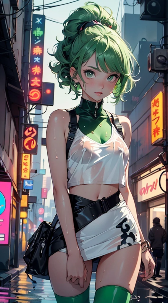 girl youtuber,(((1girl))),((extremely cute and beautiful green curly-haired girl)),

(short breasts:1.4),(((green curly hair:1.35,very curly hair,colored inner hair,ear breathing,short hair))),(((green eyes:1.3))),intricate eyes,beautiful detailed eyes,symmetrical eyes,((fat)),(((lustrous skin:1.5,bright skin: 1.5,skin tanned,shiny skin,very shiny skin,shiny body,plastic glitter skin,exaggerated shiny skin,illuminated skin,wet legs))),delicate detailed fingers,detailed body,human hands,(detailed face),

cute,slutty,seductive,erotic,(((nsfw))),

zettai ryouiki,revealing clothing,show skin,((rave mini-skirt,visible thong straps,white loose tank top with an pop art print)),((wet clothes,intricate outfit,intricate clothes)),

(dynamic pose:1.0),embarrassed,(centered,scale to fit dimensions,Rule of thirds),

cyberpunk city by the ocean at night, with bright neon signs and dark stormy clouds and puddles, scenery:1.25,(cyberpunk:1.4),

motor irreal:1.4,UHD,La mejor calidad:1.4, fotorrealista:1.4, textura de la piel:1.4, obra maestra:1.8,highres, sharp focus, (ultra detailed, extremely detailed), (photorealistic artwork:1.37),(extremely detailed CG unity 8k wallpaper),((synthwave background theme)),(((vibrant colors))),(intricate background),(masterpiece),(best quality),