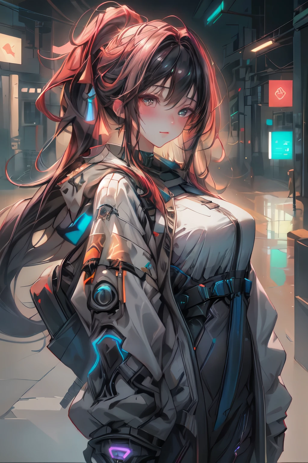 ((Best quality)), ((masterpiece)), (detailed:1.4), 3D, an image of a beautiful cyberpunk female,HDR (High Dynamic Range),Ray Tracing,NVIDIA RTX,Super-Resolution,Unreal 5,Subsurface scattering,PBR Texturing,Post-processing,Anisotropic Filtering,Depth-of-field,Maximum clarity and sharpness,Multi-layered textures,Albedo and Specular maps,Surface shading,Accurate simulation of light-material interaction,Perfect proportions,Octane Render,Two-tone lighting,Wide aperture,Low ISO,White balance,Rule of thirds,8K RAW, Red Hair, Long hair, ชุดสีแดง, Cyber Ciyty , Street Red Light, จ้อง, โกรธ,