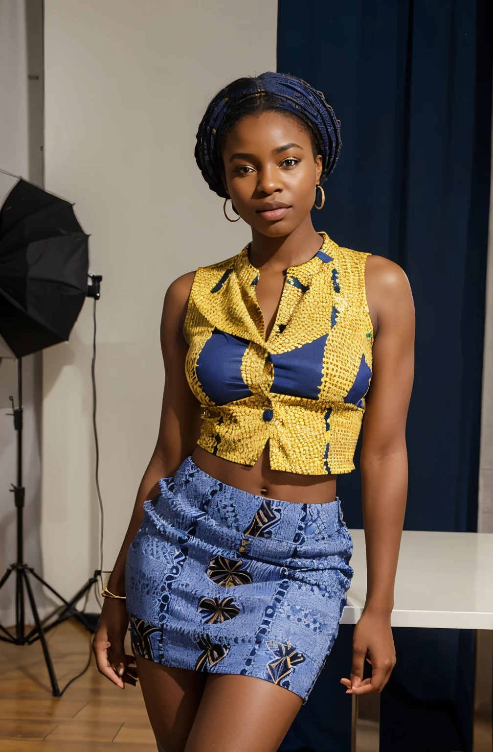 Create a realistic depiction of an African lady who is smartly dressed in modern clothes that are chic, flirty, sexy and respectable . Her outfit should prominently feature Ankara skirt blue in colour. She should have a very very thick build and appear realistic." She should be standing perfect posture, her legs criss crossed in a photo studio posing confidently for the camera. She should be 23 years old.