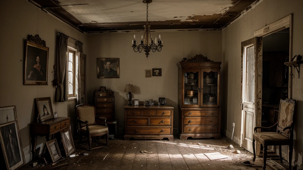 abandon house , filled with antique furniture and dusty old photographs in darkness
