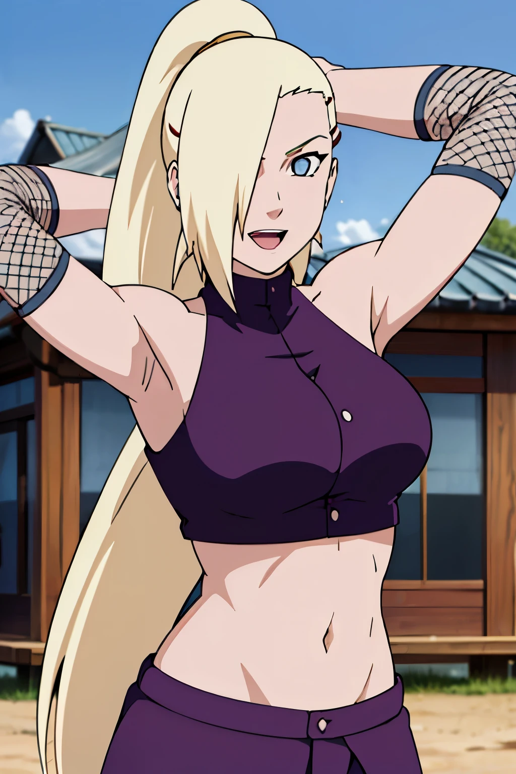 (posing for viewer), Ino yamanaka, looking at the viewer, attractive, cowboy shot, ultra detailed face, sunny day, day time, upper body view, anime style, solo, detailed home, blonde, (focus on face), ((one eye covered with hair, hair over eye)), medium breasts, belly button, looking at the viewer, thick arms, (off-shoulders, wide shoulders, curving body), hidden eye, smile, open mouth, very happy, tall, hair clip, sharp look, sharp face, sharp eye, cold colors,