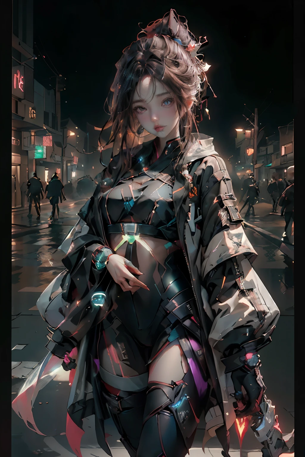 ((Best quality)), ((masterpiece)), (detailed:1.4), 3D, an image of a beautiful cyberpunk female,HDR (High Dynamic Range),Ray Tracing,NVIDIA RTX,Super-Resolution,Unreal 5,Subsurface scattering,PBR Texturing,Post-processing,Anisotropic Filtering,Depth-of-field,Maximum clarity and sharpness,Multi-layered textures,Albedo and Specular maps,Surface shading,Accurate simulation of light-material interaction,Perfect proportions,Octane Render,Two-tone lighting,Wide aperture,Low ISO,White balance,Rule of thirds,8K RAW, Red Hair, Long hair, \(Black, Hanfu\), Street Cyber Ciyty ,