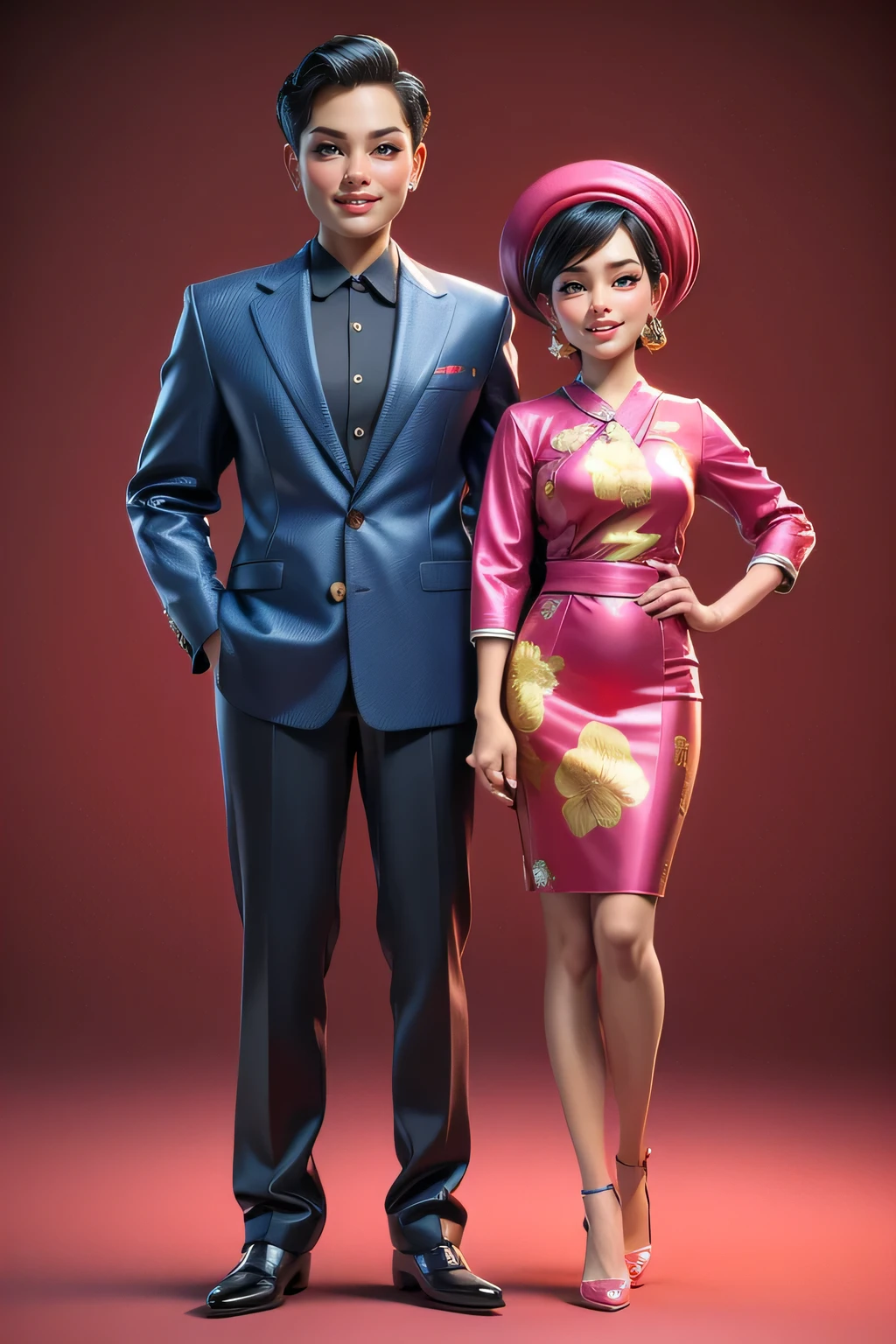 make a realistic ,3d ,photorealism ,caricature of an Indonesian couple,This masterpiece captures the essence of the era, radiating nostalgia and vintage charm. Funky style  and allure of the 1980s. The cover showcases his confidence and glamour, simple background, high detail,full body shot