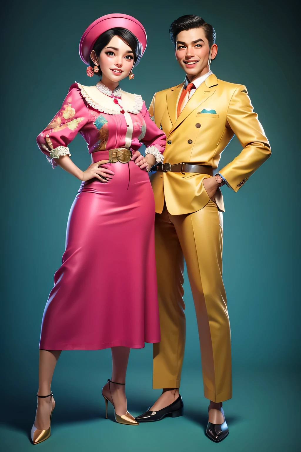 make a realistic ,caricature of an Indonesian couple,This masterpiece captures the essence of the era, radiating nostalgia and vintage charm. Funky retro style outfit and allure of the 1980s style. The cover showcases his confidence and glamour, simple background, high detail,full body shot