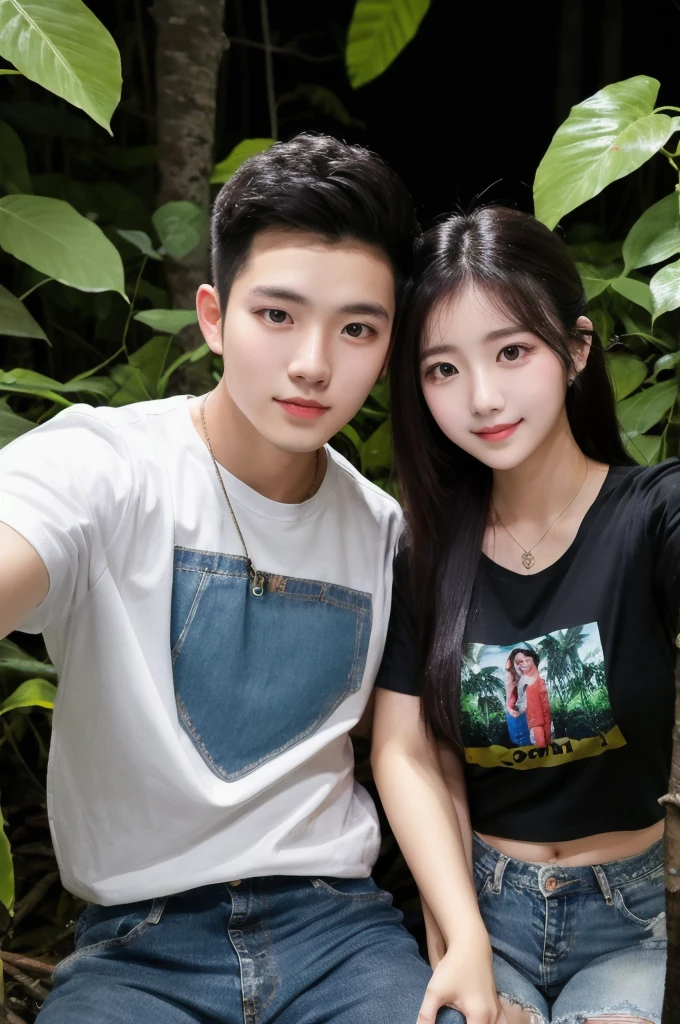 Want full body photography, Romantic couple, a young korean man wearing while teirt, with an indonesian woman, slightly chubby, bun hairstyle, wearing whie toirt, short denim pantis, (taking selfie together), in the dark tropical dense forest.