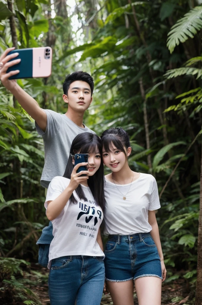 Want full body photography, Romantic couple, a young korean man wearing while teirt, with an indonesian woman, slightly chubby, bun hairstyle, wearing whie toirt, short denim pantis, (taking selfie together), in the dark tropical dense forest.