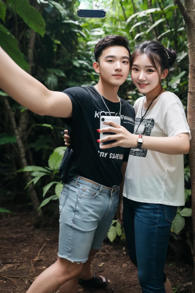 Want full body photography, Romantic couple, a young korean man wearing while teirt, with an indonesian woman, slightly chubby, bun hairstyle, wearing whie toirt, short denim pantis, (taking selfie together), in the dark tropical dense forest.