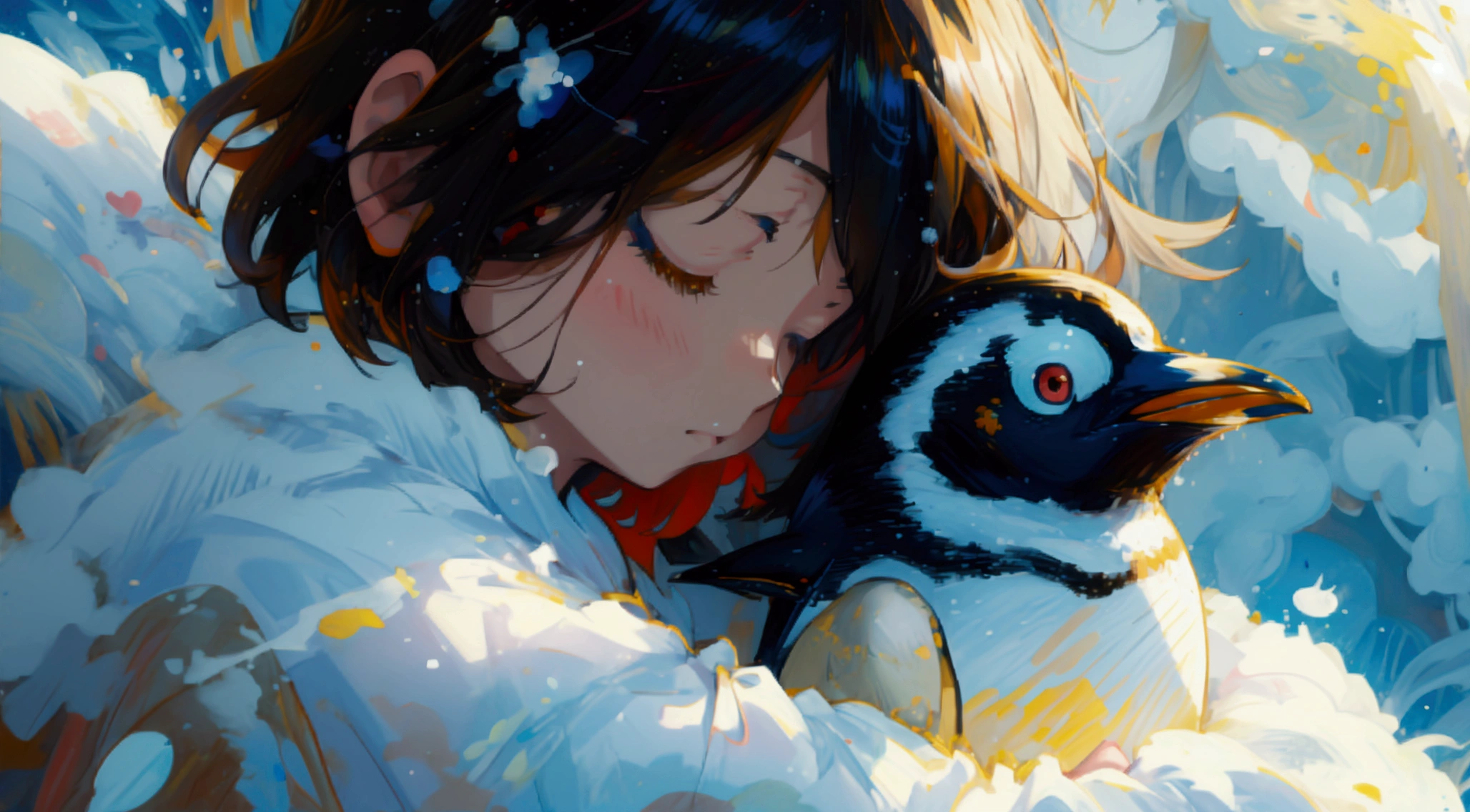 anime style painting, universe, Earth in the background, universe服, A woman petting a penguin, Medium Short Hair, Sleepy look,