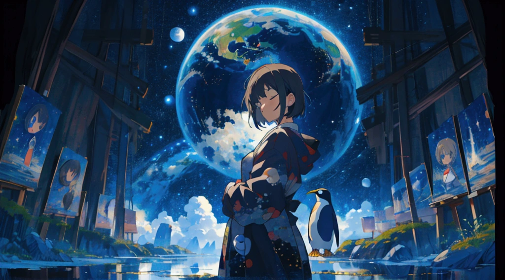 anime style painting, universe, Earth in the background, universe服, A woman petting a penguin, Medium Short Hair, Sleepy look, 