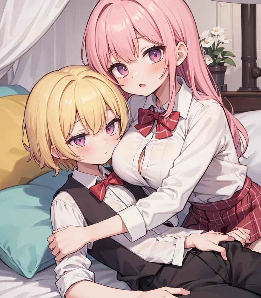 masterpiece, Highest quality, so beautiful, absurdists,High resolution,One girl, One boy,Cuddling in bed, like,sexly,Look at each one, blush,Age difference,bow tie,blondes,chest,Long Hair,Pink Hair,Tucked in shirt,short hair,skirt,Tent shirt,Slut,Big breasted sister and brother,Siblings, trousers,Pushing her big tits against her brother,(My brother's erect penis),((((姉のvery huge breasts,Sister crushes her big tits in her brother's face)))),(((((Very huge breasts))))),(((((small penis,NSFW,Soft Very HUGE breasts))))),((Bursting Breasts,Huge breasts hiding her brother's face)),((((((((Huge Breasts, Large Breasts, Very Large Breasts, Very Large Breasts, Very Large Breasts, Very Large Breasts, Very Large Breasts, Very Large Breasts, Very Large Breasts, Very Large Breasts, Very Large Breasts, Very Large Breasts, Burying Face in Breasts)))))))),Two people gazing at each other,puffy nipples,(Face crushed by boobs,She puts her huge breasts on her brother's body,Covering her mouth with her ,Breasts covering the face)),((huge breasts))