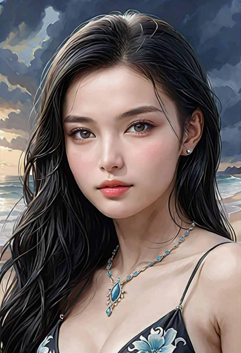 ((Masterpieces with up to 16K resolution:1.6)),Highest quality,it is really amazing,Very detailed,Ultra-high resolution,(Real:1.5),(Realistic:1.5),Increased depth of field,Cinematic Light,
Elegant mature woman,
Long black hair,(Exquisitely detailed face:1.5),Face with a gentle expression,Translucent white skin,Very sensitive skin,Great proportions,Anatomically correct body,
Sexy bikini swimwear,Artistic design,Beautiful and detailed pattern,Detailed fabric texture,Gorgeous necklace,
Coastal landscape at dusk,Dark clouds and dark sky,delay々Continuing sandy beach, Deserted Beach,Dark sea surface,
(Dramatic Angle:1.6),
