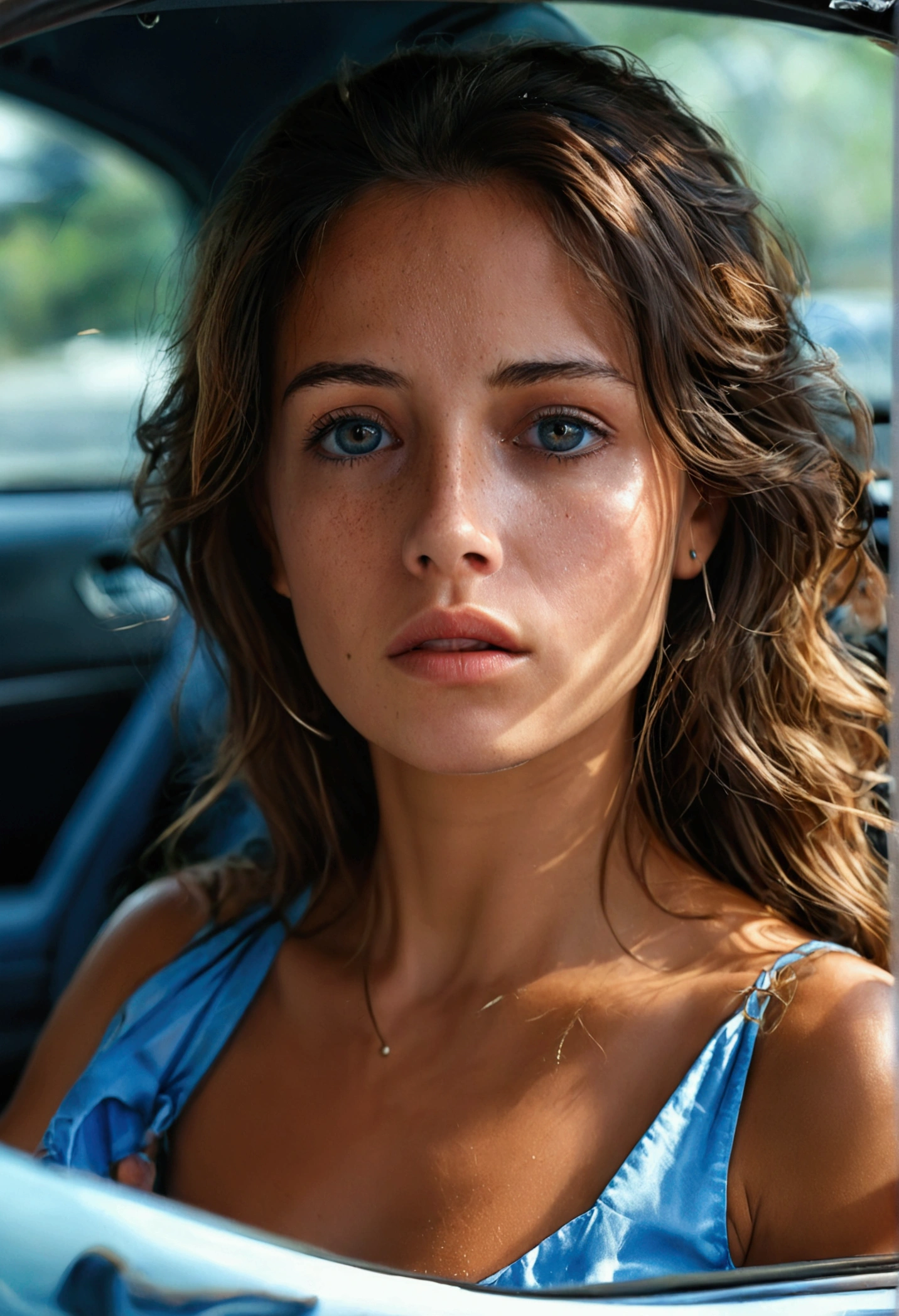 Create a hyper-realistic image of a 29-year-old woman discovering she has been betrayed by her fiancé. She has brown, long hair, brown eyes, smoothly bronzed skin, and an expression of sadness and despair. She is wearing a beautiful low-cut blue dress and is seated in the driver's seat of her car, hands on the steering wheel. The image should realistically capture her human-like features and emotional impact.