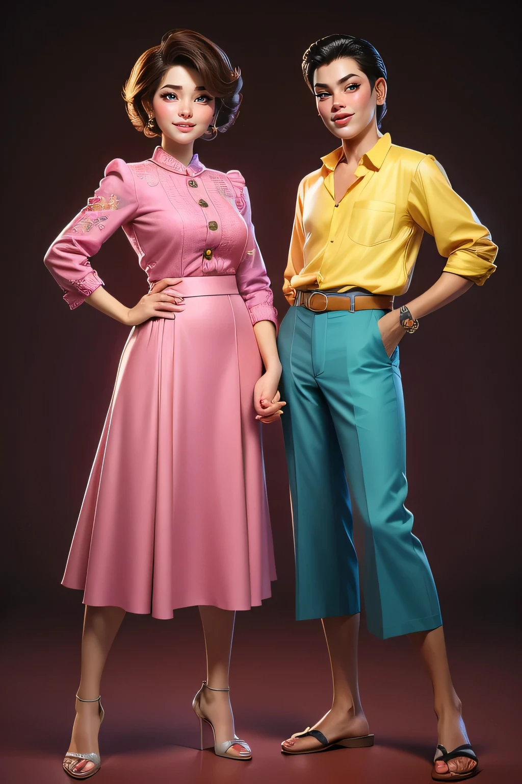 make a realistic ,caricature of an Indonesian couple,This masterpiece captures the essence of the era, radiating nostalgia and vintage charm. Funky casual outfit and allure of the 1980s style.random hair style The cover showcases his confidence and glamour, simple background, high detail,full body shot