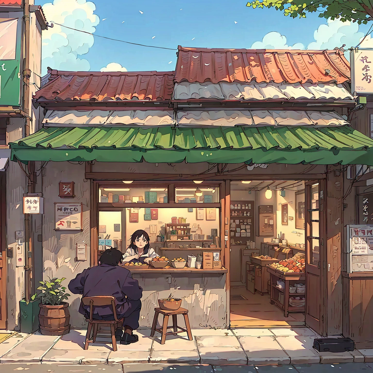 Anime scene with a man and a woman sitting outside a small store, Anime Background Art, in Makoto Shinkai's style, Makoto Shinkai's style, Anime Landscape Concept Art, commend, commend art, Low-fidelity illustration style, commend artstyle, Shinkai Makoto style, Studio Ghibli's art style, Studio Ghibli Aesthetics