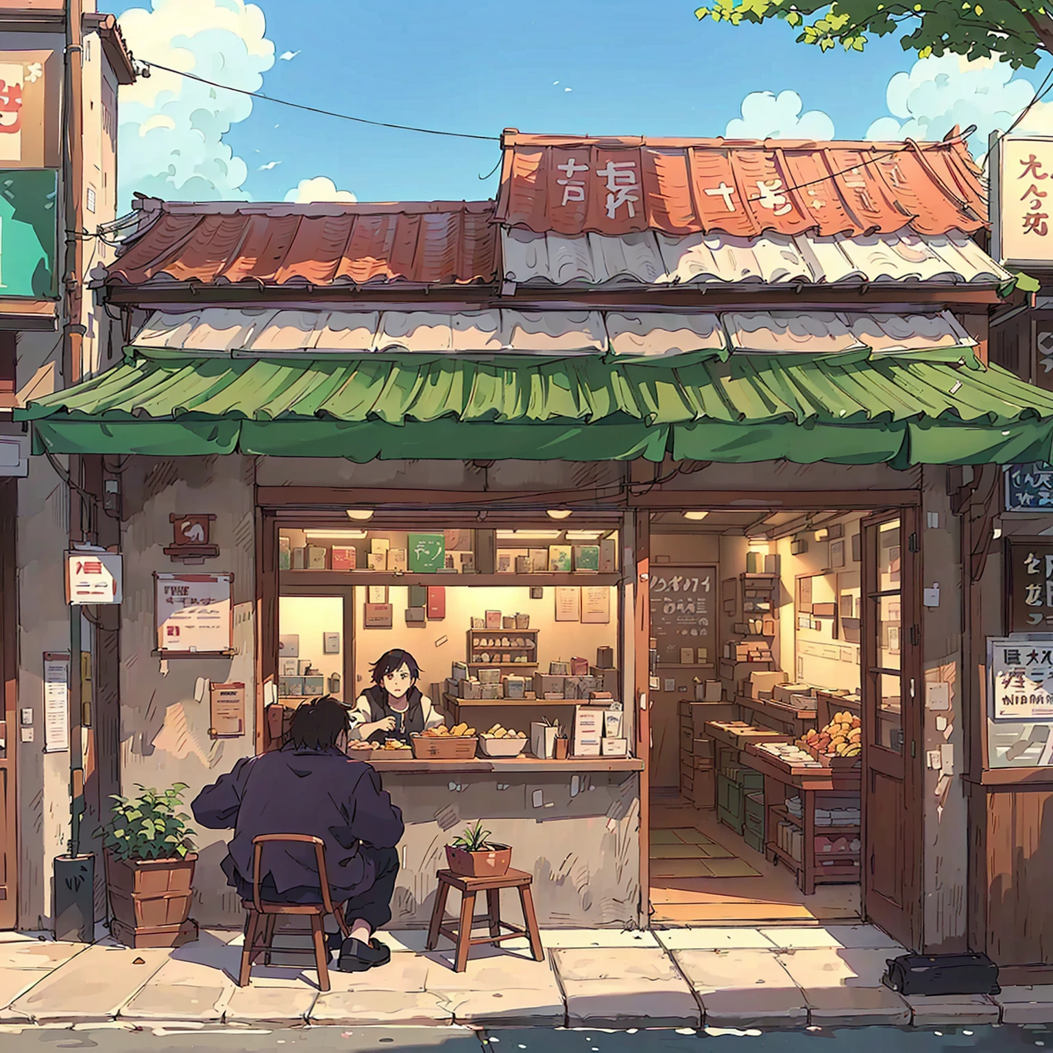 Anime scene with a man and a woman sitting outside a small store, Anime Background Art, in Makoto Shinkai's style, Makoto Shinkai's style, Anime Landscape Concept Art, commend, commend art, Low-fidelity illustration style, commend artstyle, Shinkai Makoto style, Studio Ghibli's art style, Studio Ghibli Aesthetics