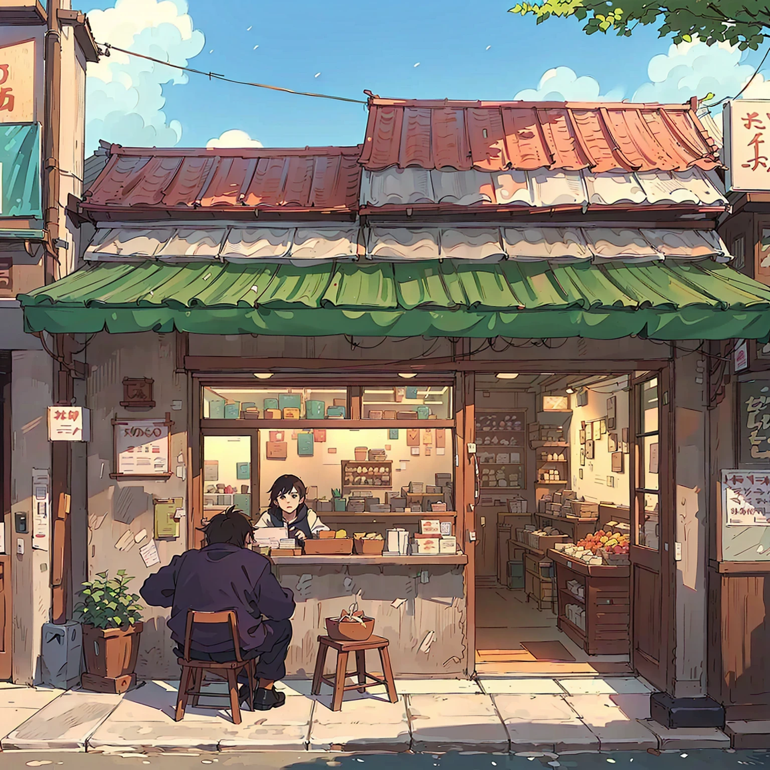Anime scene with a man and a woman sitting outside a small store, Anime Background Art, in Makoto Shinkai's style, Makoto Shinkai's style, Anime Landscape Concept Art, commend, commend art, Low-fidelity illustration style, commend artstyle, Shinkai Makoto style, Studio Ghibli's art style, Studio Ghibli Aesthetics