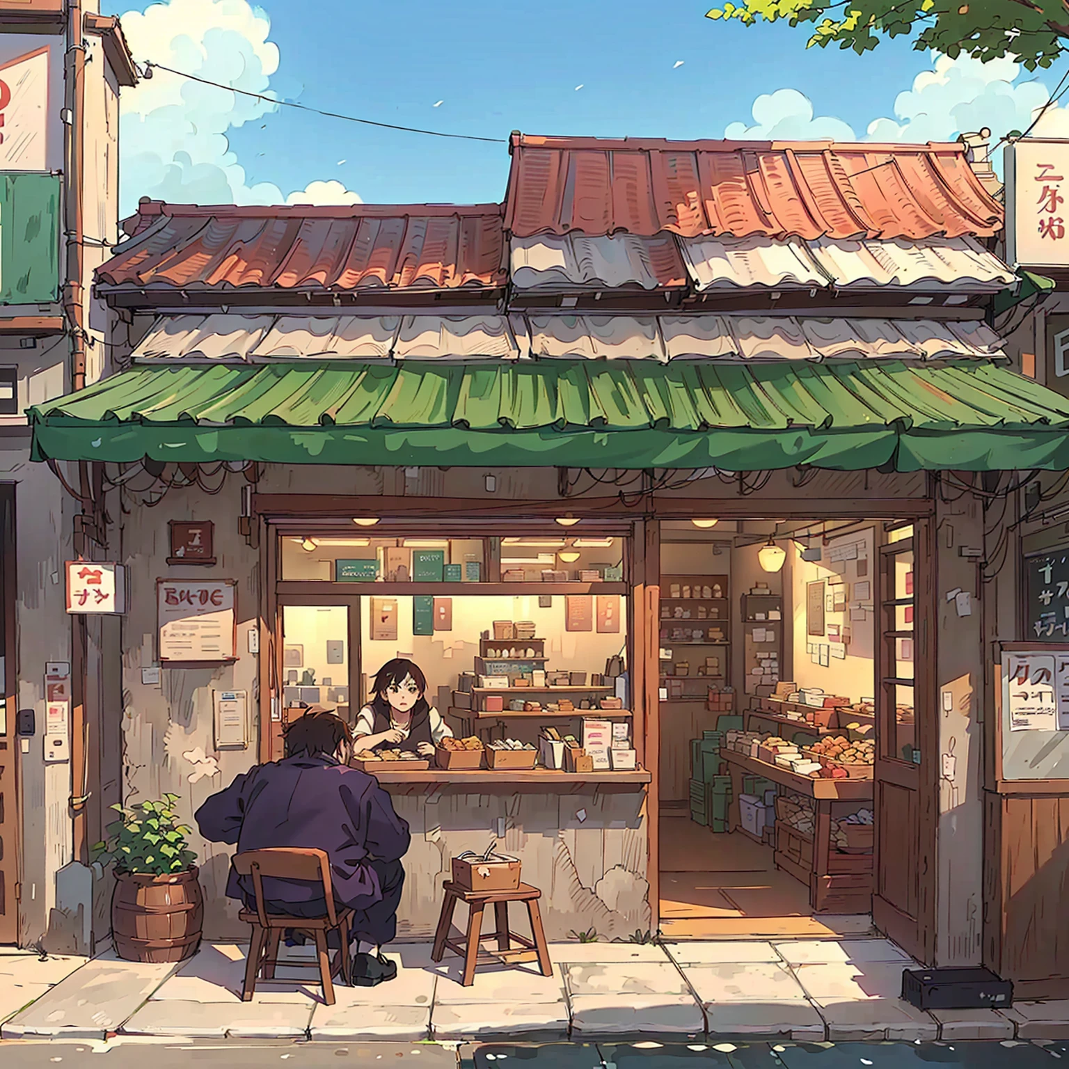 Anime scene with a man and a woman sitting outside a small store, Anime Background Art, in Makoto Shinkai's style, Makoto Shinkai's style, Anime Landscape Concept Art, commend, commend art, Low-fidelity illustration style, commend artstyle, Shinkai Makoto style, Studio Ghibli's art style, Studio Ghibli Aesthetics