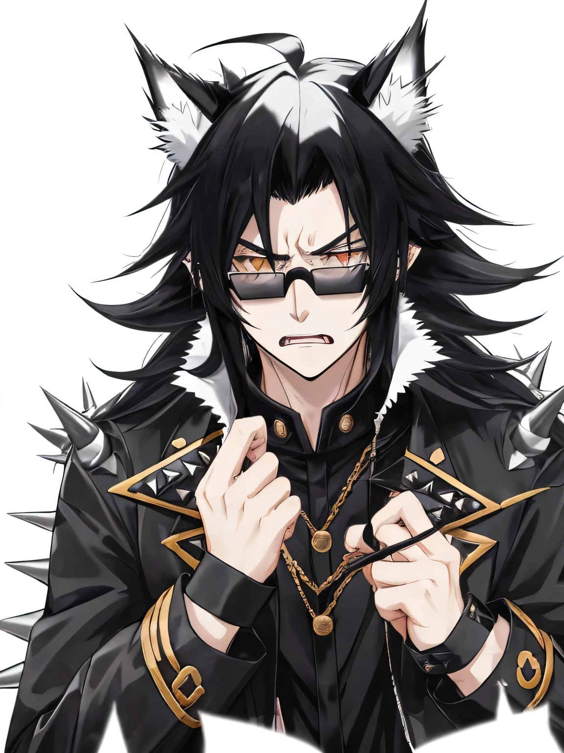 anime boy, long wolf ears, black hair with white strands, wearing black glare glasses, wearing black and golden jacket with spikes, masculine, scared, shocked, facing the camera, high quality