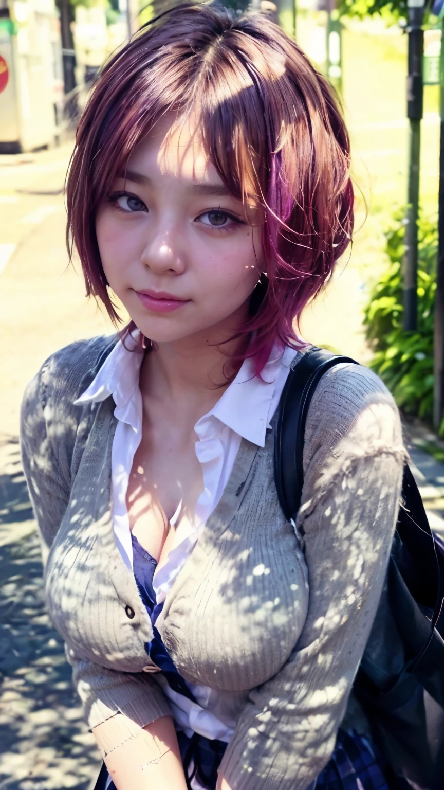 (A high school girl bends down to pick up a bag that was on the ground on a Tokyo street:1.2、blue sky、Cleavage:1.4)、((school uniform、blazer、Pleated skirt、Navy blue socks、loafers)、the wind is strong、(Realistic、Like a photograph、Live Action、8K, Realistic, RAW Photos, Best image quality: 1.4), Single-lens reflex camera、RAW Photos, Highest quality, Realistic, Highly detailed CG Unity 8K wallpaper, Written boundary depth, Cinematic Light, Lens flare, Ray Tracing, Realistic background、((ultra high density skin))、 Teenage girl on her way to school,Cute Japanese、(YThe buttons on her shirt are undone, exposing a small portion of her bra.:1.4、Big Breasts、The top part of the bra is visible.)、(whole body:1.5)、Super detailed face,avert your eyes:1.1、(Pink inner color hair、short hair:1.2、My hair flutters in the wind:1.4)、I like that style、stylish、Very detailed、Pay attention to the details、Perfect outfit、(Sunburned skin)、View from the front、Accurate hands、Accurate legs、Detailed hands and fingers、Anatomically correct body、Thin legs、Thin thighs、Large Breasts、Detailed bra