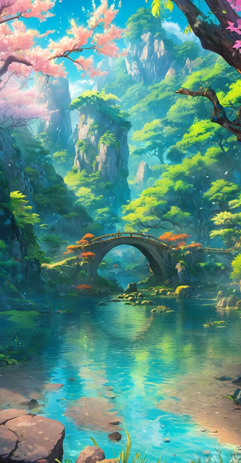 China, spring, jungle, lake, cave, Fall, tree, grassland, rock, deer, hot spring, water vapor, (illustration: 1.0), epic work, Realistic lighting, High-resolution details, masterpiece, best quality, (Highly detailed CG Unity 8k wallpaper), Digital painting, place, place из игры, большая place, glow effect in background, Fog and glow effects in the foreground, rich and colorful, no characters, no characters, только place, cute style, anime style, night