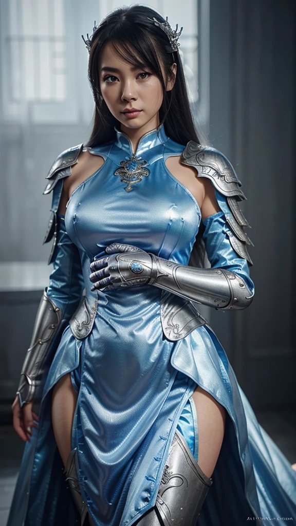 a close up of a woman in a silver and blue dress, chengwei pan on artstation, by Yang J, detailed fantasy art, stunning character art, fanart best artstation, epic exquisite character art, beautiful armor, extremely detailed artgerm, detailed digital anime art, artgerm on artstation pixiv, armor girl,dragon girl