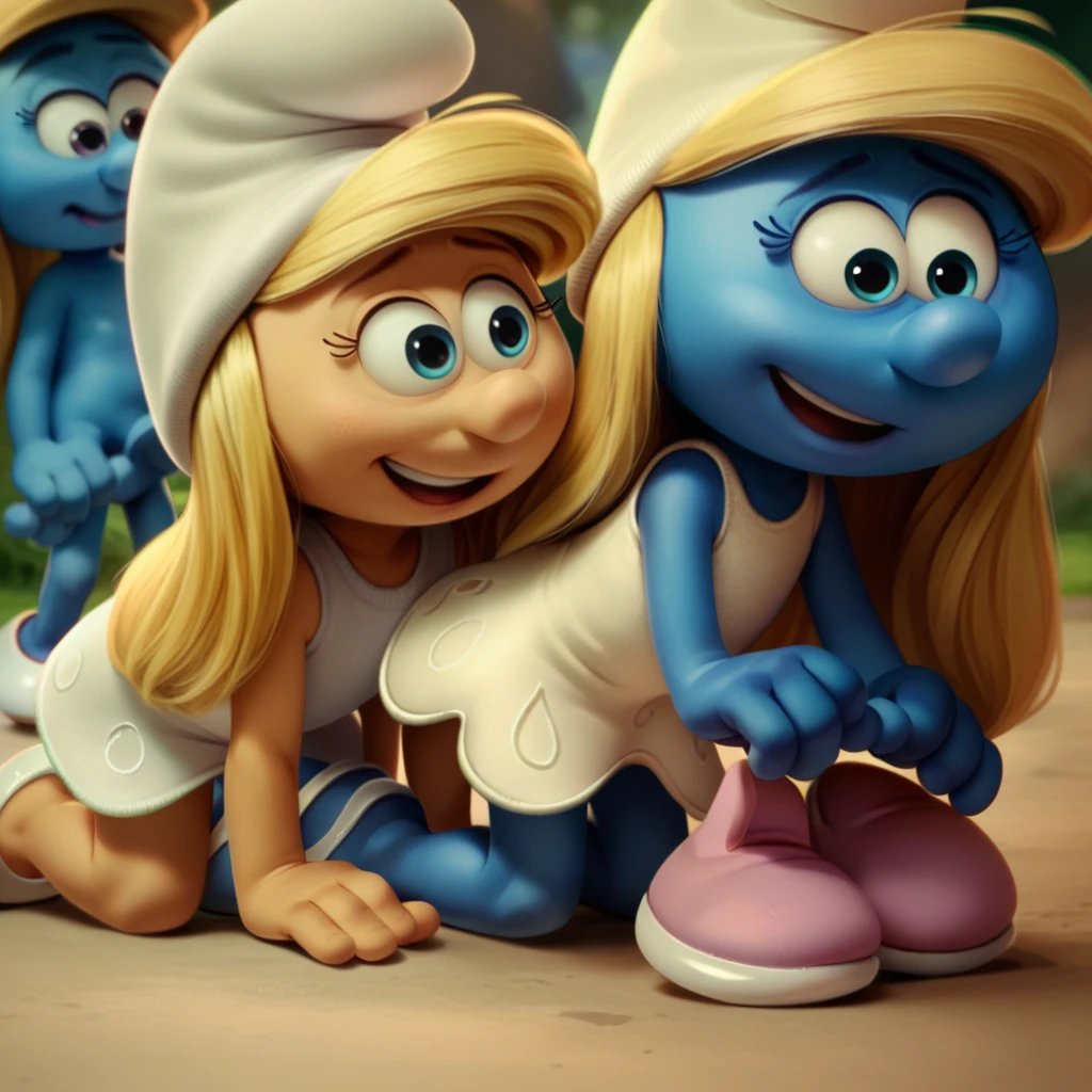 smurfette, kneeling, doggystyle sex, white dress, hat, on all fours, blonde, blue skin, white shoes, shota-boy, human