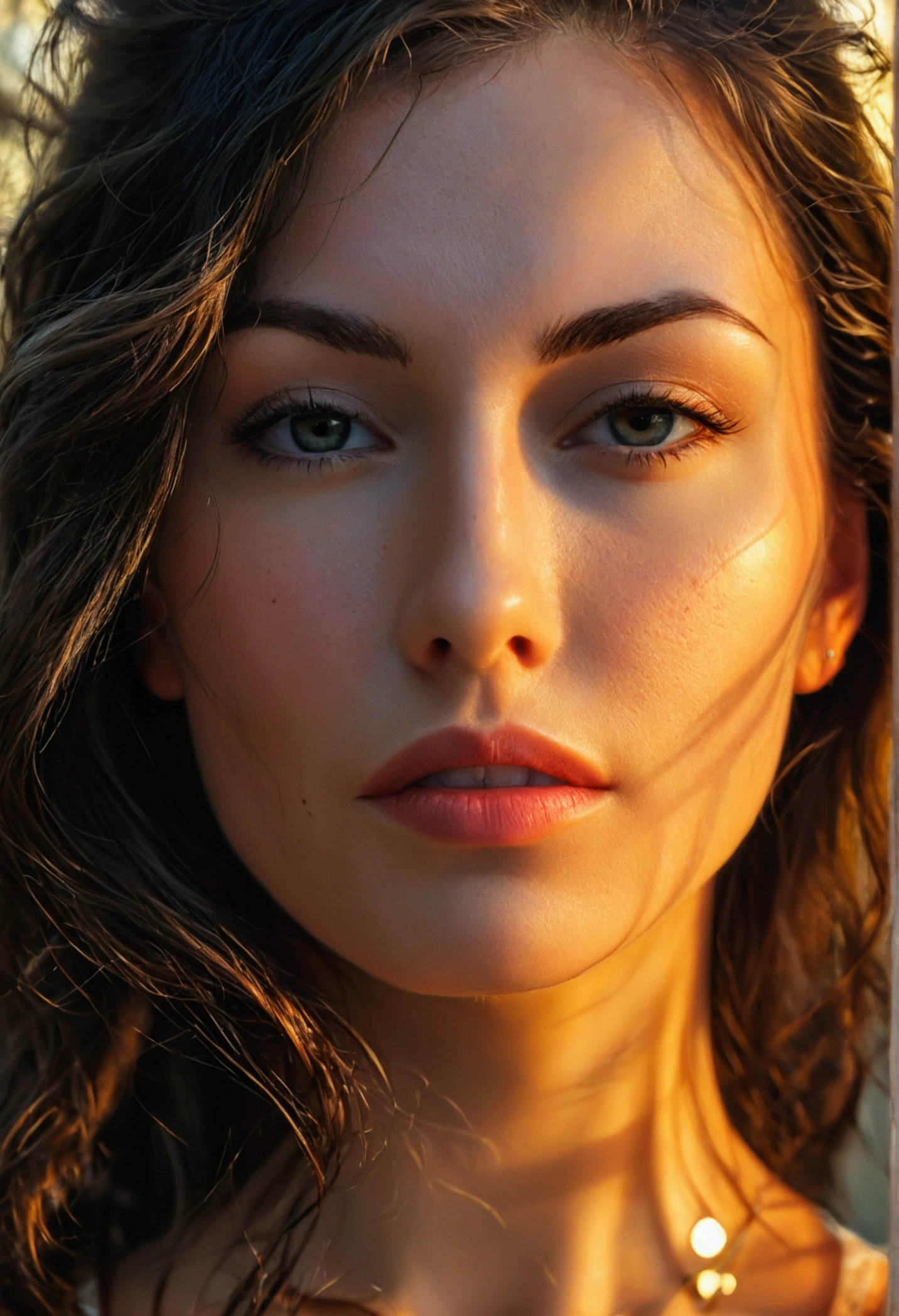 American beautiful girl model brunette 37 years old, with long beautiful hair face close-up from frontal view