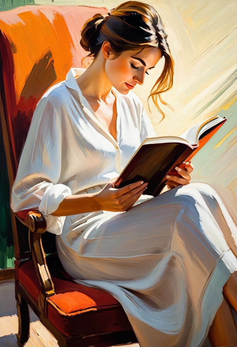 a woman reading book, bold lines, oil painting, impressionism