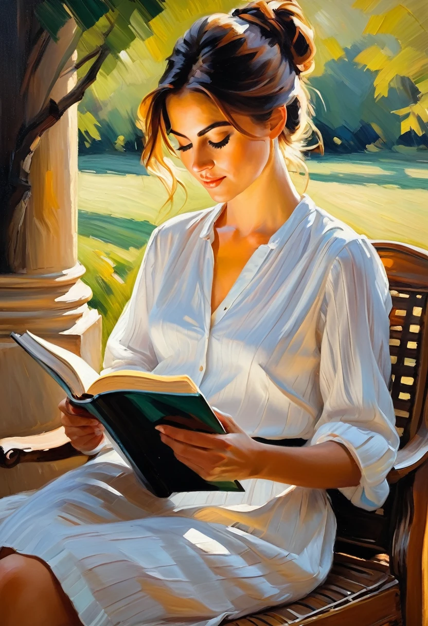 a woman reading book, bold lines, oil painting, impressionism