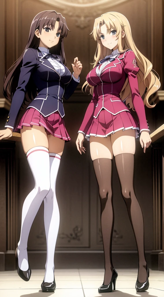 Masterpiece, high quality, 2girls, duo, identical twins, identical sisters, brown hair, curly hair, matching hairstyles, hazel eyes, medium sized bust, (school uniform, sexy school uniform, blazer, lace section, ribbon, rainbow short skirt, white thigh-high socks, black high heels, matching outfits), smile, flat_Farbe, full body, seductive pose, Duo pose bends over to look at a beautiful woman from the side